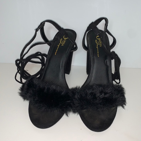 Forever 21 Shoes - Forever21 Black Lace Up Faux Fur Open Toe Heels